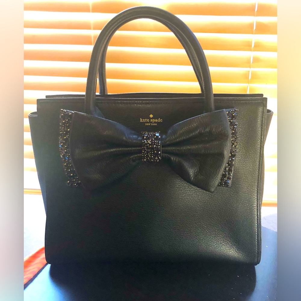 Kate Spade Meriwether Manor Place Black Leather Crystal Bow Bag